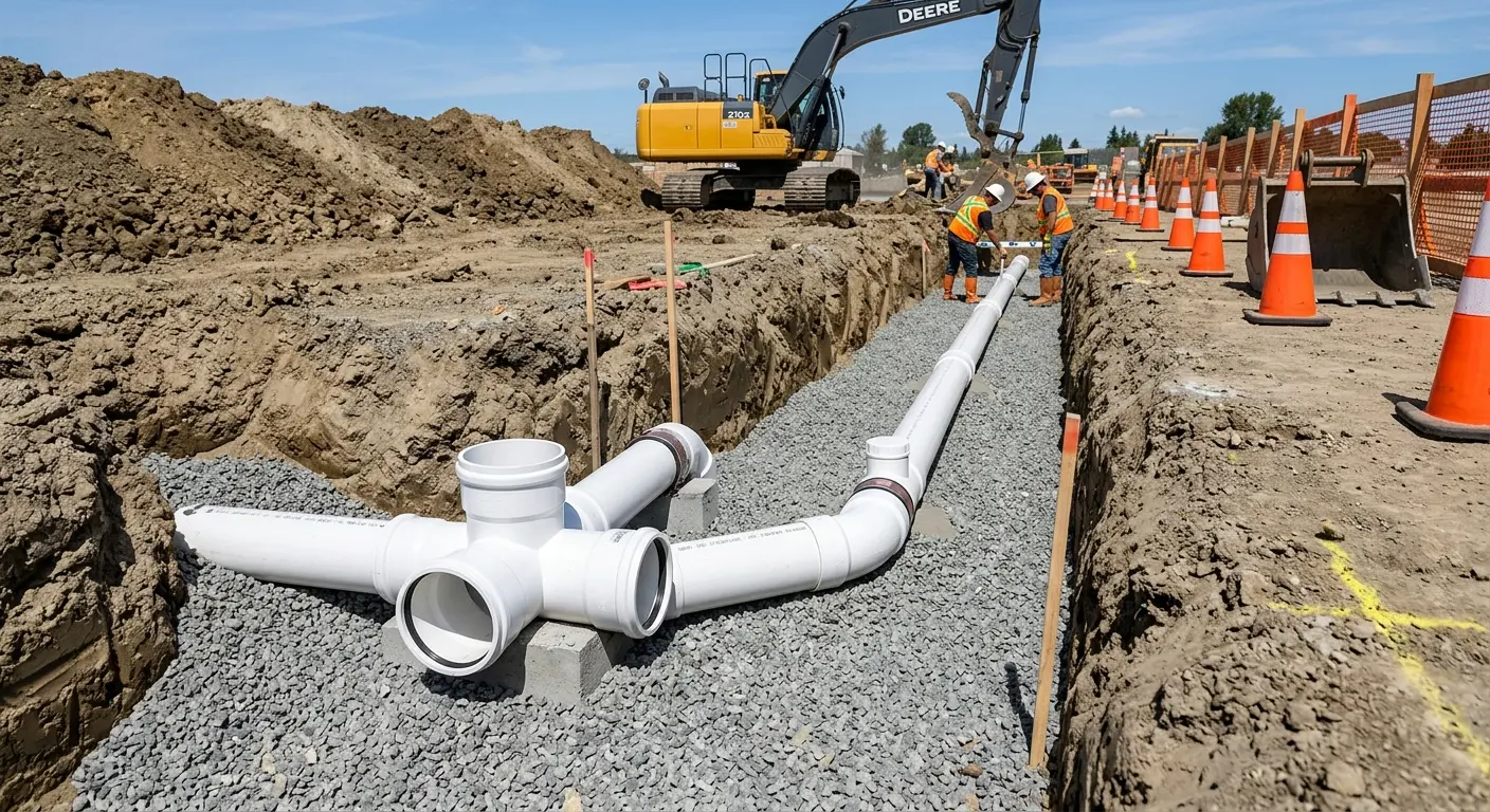 New PVC sewer pipe installation in open trench for Sewer Backup in East Honolulu