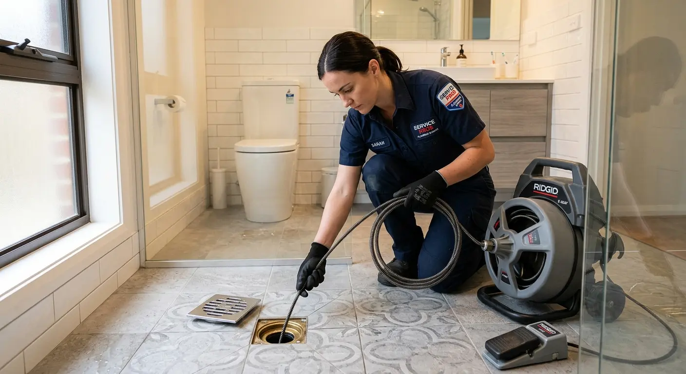 Technician clearing a bathroom floor drain for Drain Cleaning in East Honolulu